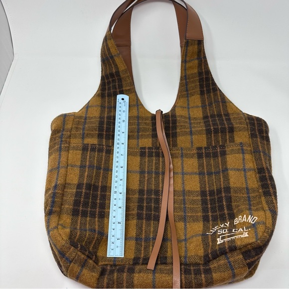 Lucky Brand Purse Brown Tan Blue Plaid Wool Blend Shoulder Bag Tote Front Pocket - Picture 14 of 14